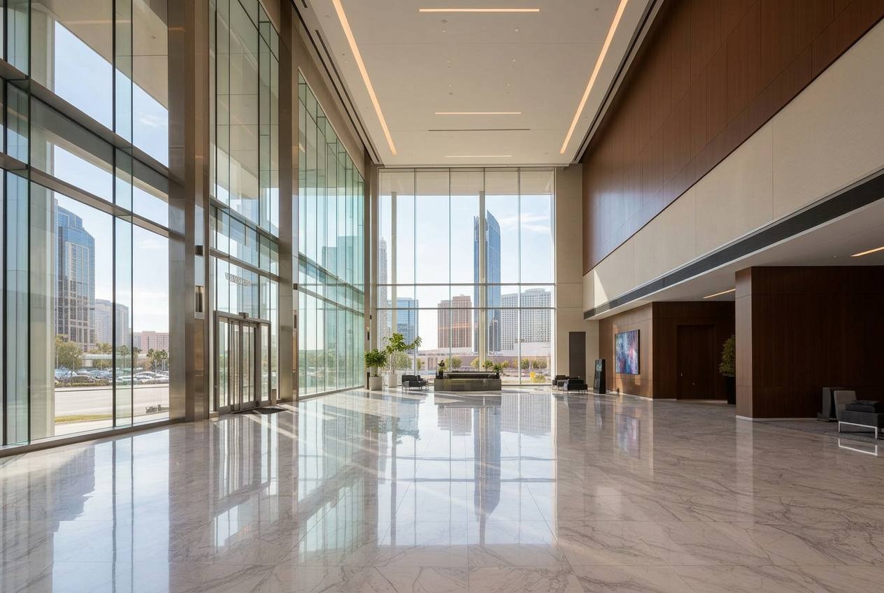 Pristine commercial office lobby in Las Vegas with marble floors and floor-to-ceiling windows